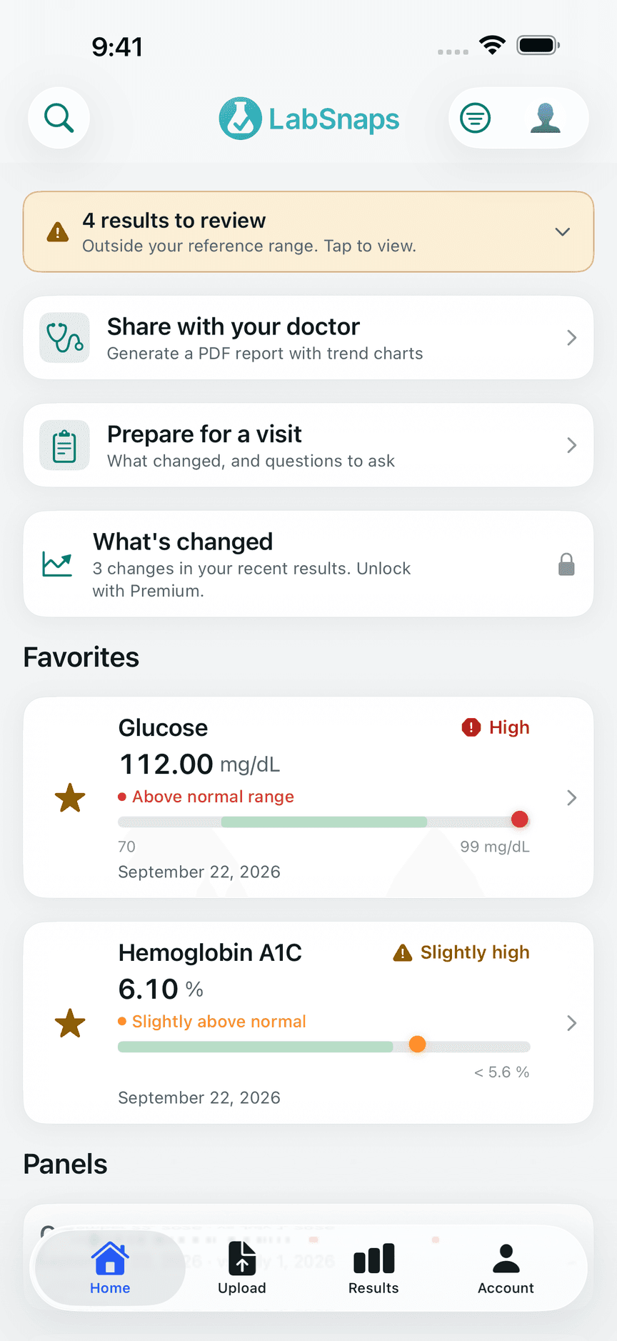 Favorites and results to review on your Home screen